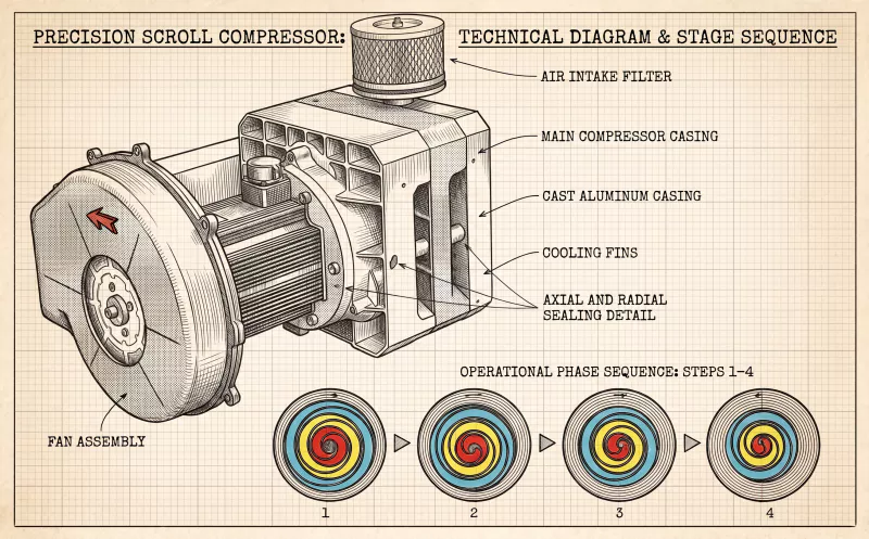 quad-head oil-free scroll compressor working principle four-head coordination 1660 L/min
